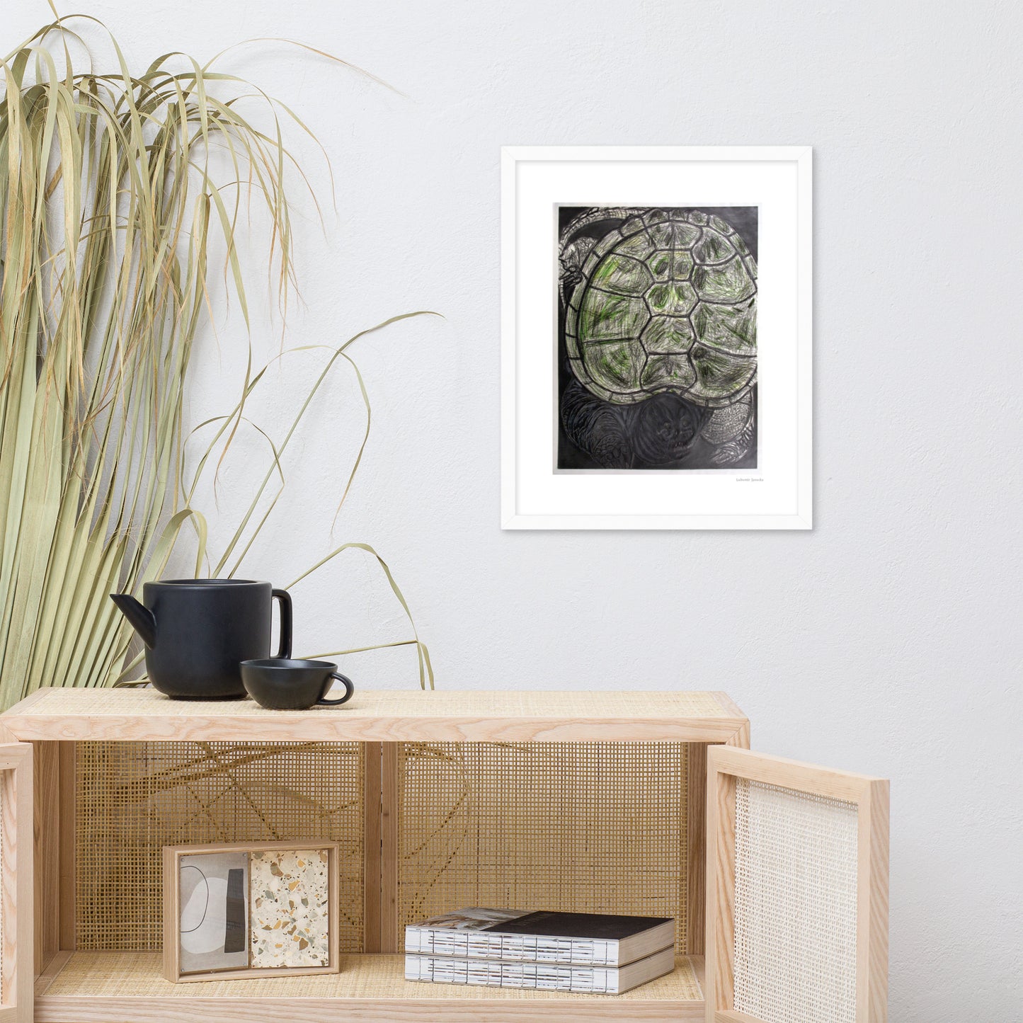 Framed poster print, fine art drawing of turtle 1