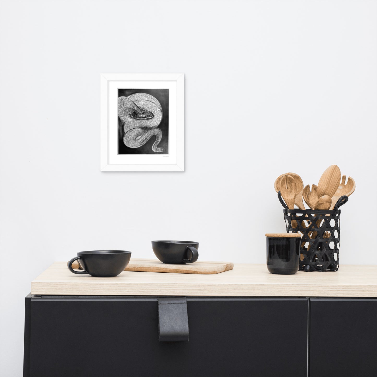 Framed poster print, fine art drawing of snake 2