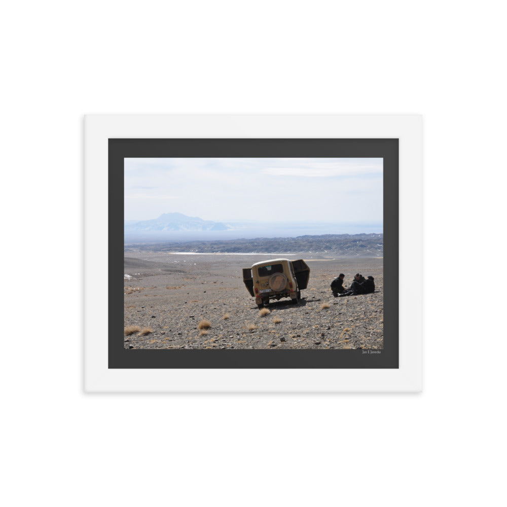 Framed poster, snow leopard field team in Mongolia