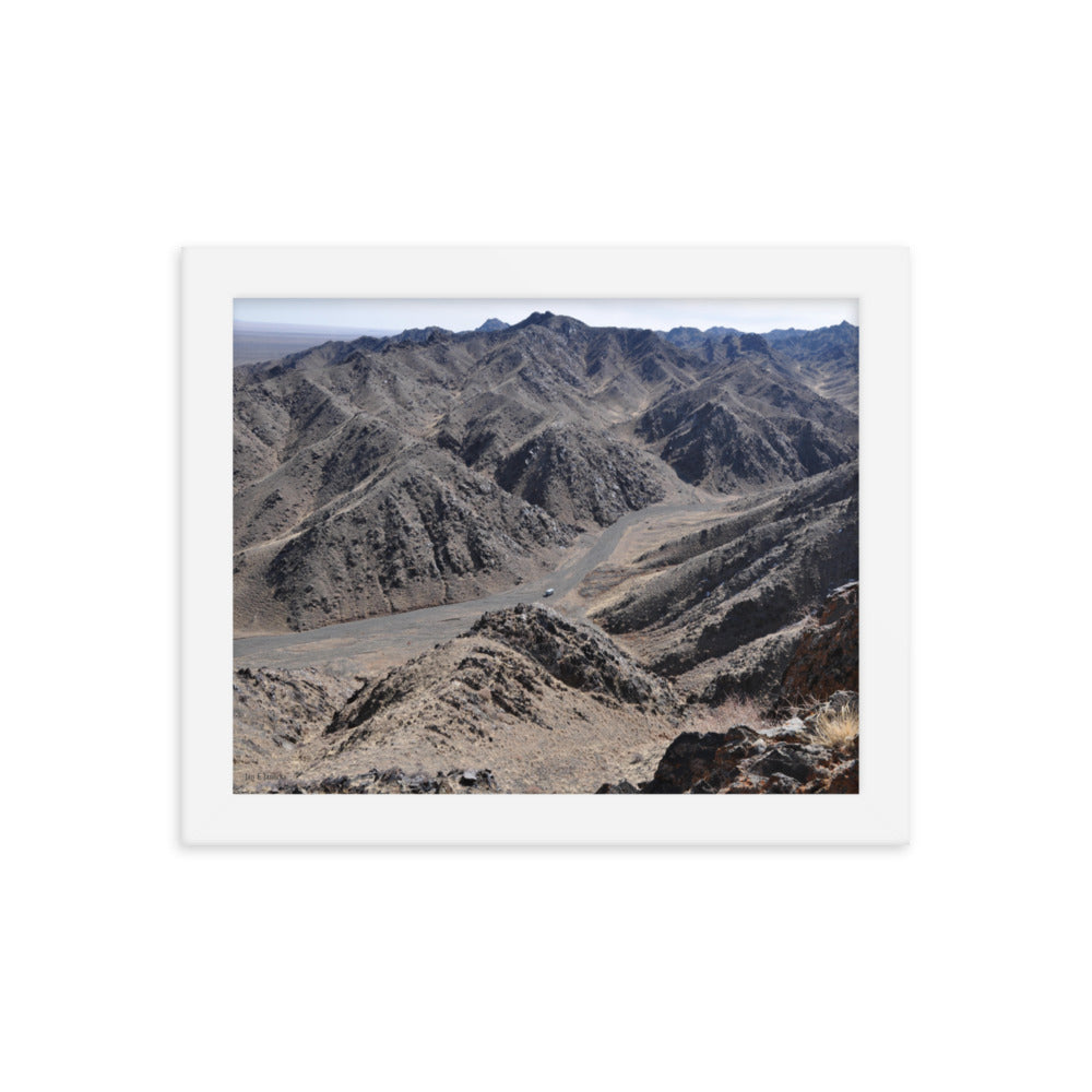 Framed poster, Russian van in valley during snow leopard survey in Mongolia